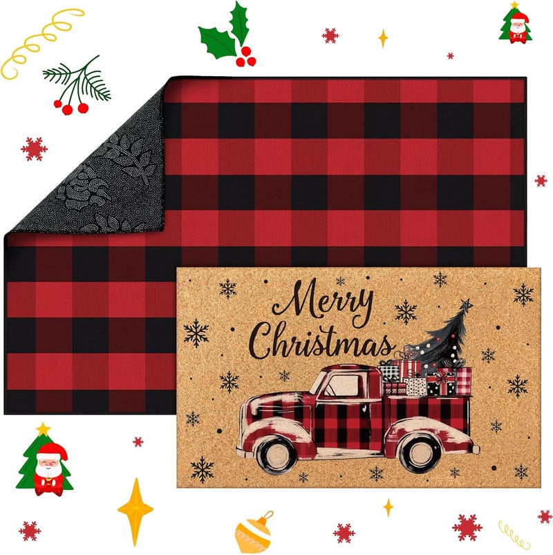 Fourluoo 2 Pcs Christmas Front Porch Rug Buffalo Plaid Christmas Door Mat Imitation Coco Coir Red Truck Xmas Welcome Layering Rug for Outdoor Winter Home Festival Holiday Decor, 28 x 43 Inch - Image 2